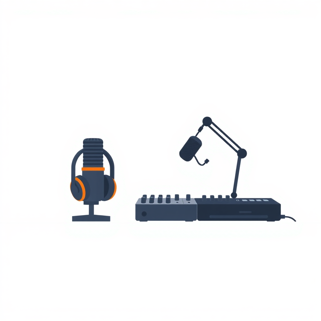 A minimalist, flat design illustration of a podcast setup. The image should include a microphone, headphones, and a sound mixer or audio interface on a simple desk or tabletop. The background should be a plain, neutral color like white, gray, or light blue. The overall style should be clean, modern, and visually appealing as a generic stock image for podcasting.