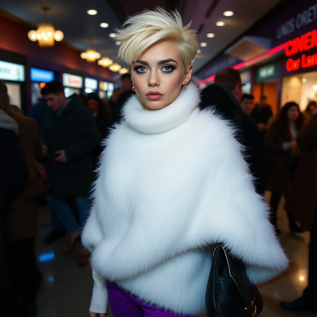 1990 winter evening, crowded cinema lobby: Sam, 19 years old beautiful involuntary femboy, rebellious intractable character, petite boyish figure, platinum blond boyish rebel punk hairstyle, flawless heavily made-up face with sharp arched tattooed eyebrows, wearing Supertanya-style fluffy very fuzzy bright white angora thigh-length turtleneck-poncho fully covering body and arms, purple stretch pants, black leather high-heeled pumps, gold earrings, puzzled alarmed, pout serious, impatiently waiting for her master. Full view, focus on Sam’s face and turtleneck-poncho.