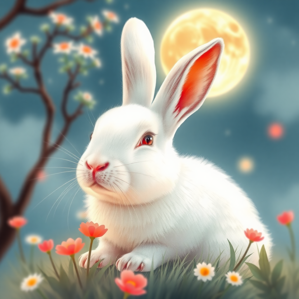 The white rabbit with a pair of red eyes was captivated by the magical singing. It closed its eyes and seemed to see the scenery on the moon: there were tall osmanthus trees, a talking jade rabbit, and the beautiful Chang'e sister dancing in lovely clothes. The rabbit felt as if it had also flown to the moon to play with them.