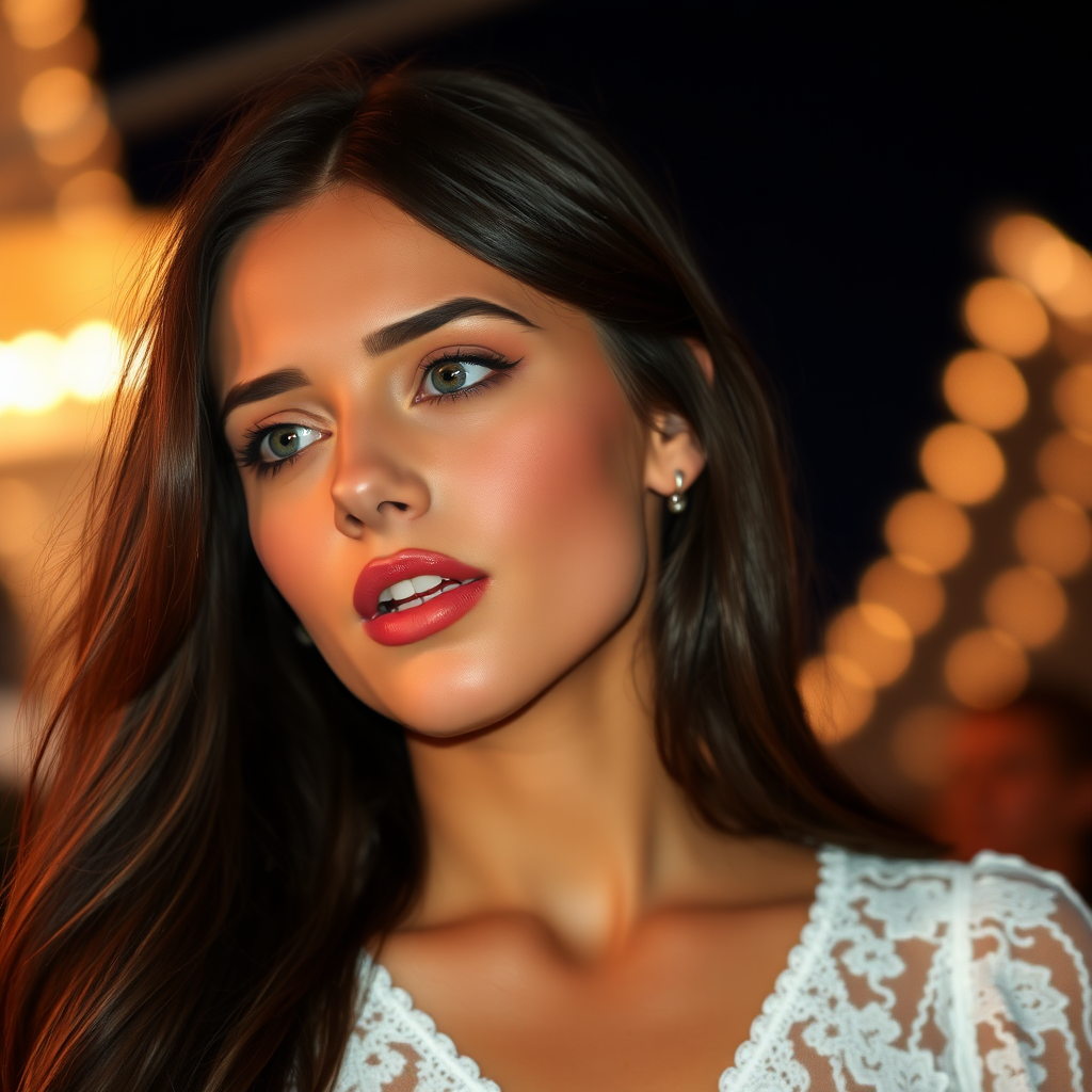 a young woman singing. she is looking like lucy thomas. long brunette hair with highlights, narrow pale blue eyes. suntanned skin. small lips with pale red lipstick. looking to the side. wearing a white dress with transparent lace. view from far. night sky in background. photo