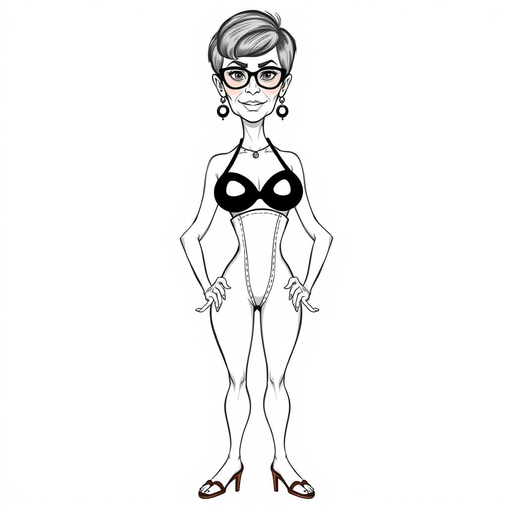 a towering 55 Years old, fit, slim, European, Latina, sharp aquiline nose, wrinkles, high cheekbones, Middle Eastern, Skinny, Tanned skin, Dark light skin, Rounded Medium breasts, Skinny thighs, full Makeup, jewelry, Serious face, Sharp nose, Ash hair, short bowl haircut, Brown eye color, Glasses, with detailed features. Hands on hips, she is wearing black balconette bras and a white open front high cut one piece swimsuit, detailed fabric.  full body, high heels sandals, she is gesturing at the viewer, 
long establishing shot, 2D, caricature, cartoon, Sketch lines, coloring book, nlack and white, coloring book style on white background, well composed, clean coloring book page, No dither, no gradient, strong outline, No fill, No solids, vector illustration, realistic proportions