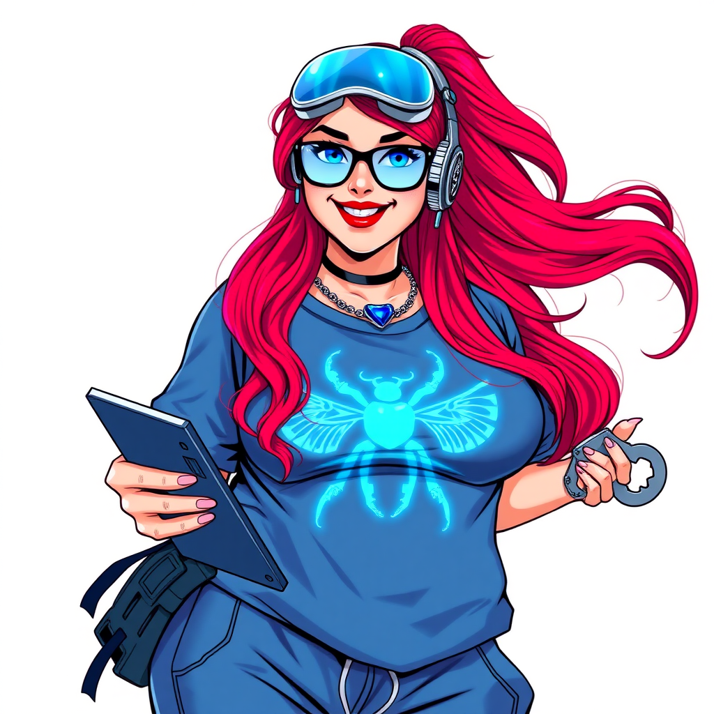 A cyberpunk vigilante’s full-figured intelligent and tech-savvy 29-year-old girlfriend, who is a computer hacker and tech genius. She has a long ruby red ponytail and bright blue eyes. She wears a sapphire beetle gemstone necklace, an oversized Maximum Blue (RGB 71, 171, 204) t-shirt featuring a giant neon blue glowing chest icon of a winged beetle, and matching Maximum Blue sweatpants. She has a full-figured physique with a prominent, enormous, round midsection, reflecting her well-cared-for lifestyle. She sports a sapphire headset with a hi-tech sapphire lensed HUD visor, Maximum Blue (RGB 71, 171, 204) lipstick, black eyeglasses, and a beaming smile with a passionate bright red blush. Despite her figure and a lack of self-esteem, she radiates an air of beauty. She has an angular face which contributes to her radiant beauty. She serves as his tech expert from his hideout, holding a holographic tablet and a hi-tech tool wrench. The background is solid white. She is drawn as if she was in a retro 2D cyberpunk fighting game. Make sure her outfit covers her midsection.