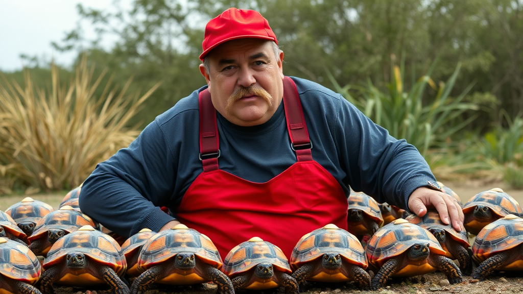 Exterior. Day. A dozen small red-shelled turtles with ivory colored spikes surround a heavyset Italian man with a large mustache, red cap and red overalls over a long-sleeve dark grey shirt.