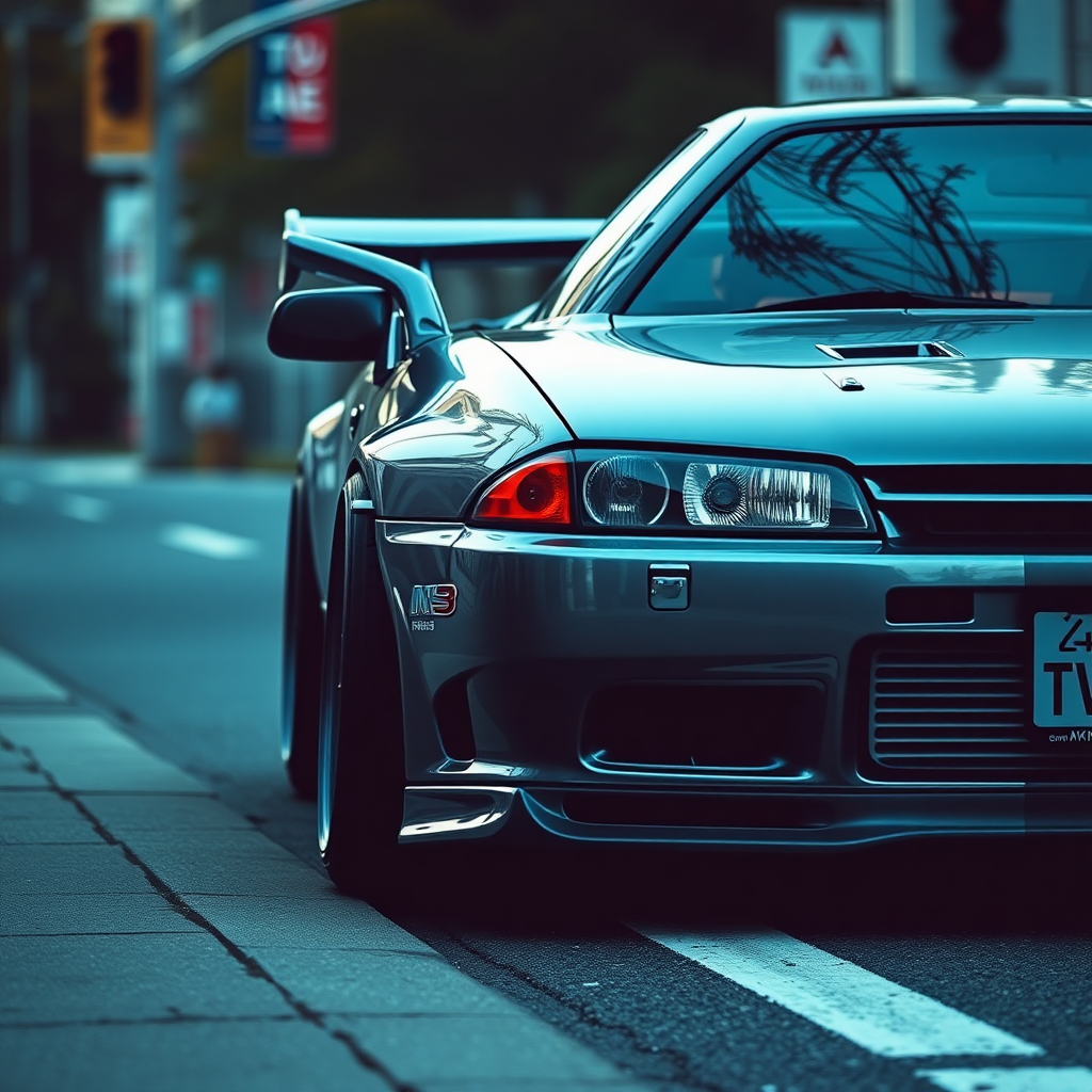 the car is parked on the side of the road, inspired by Taiyō Matsumoto, tumblr, restomod, nd4, c4 metallic shine nissan skyline r34 kalabalik tokyo gece arkaplan