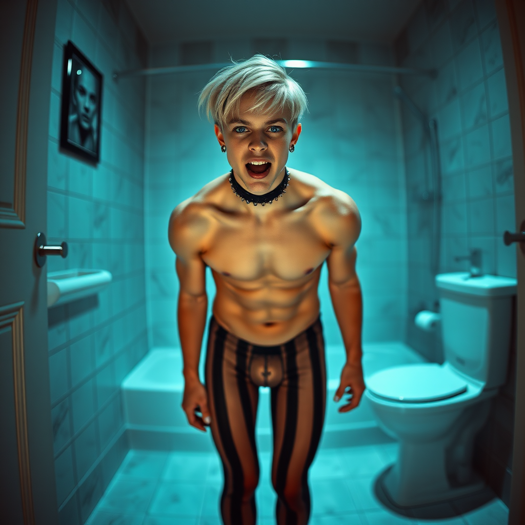 photorealistic, ultra high resolution, 16K, surreal fantasy, soft studio lighting, Caleb Swift is a pretty 16 year old goth male , slim male physique, blonde hair, blue eyes,  goth makeup,  earrings,  tan & black vertically striped pantyhose, spikey neck collar with chain,  standing on the floor of the bathroom , excited mouth, bulging crotch, full body front view of Caleb facing the camera.