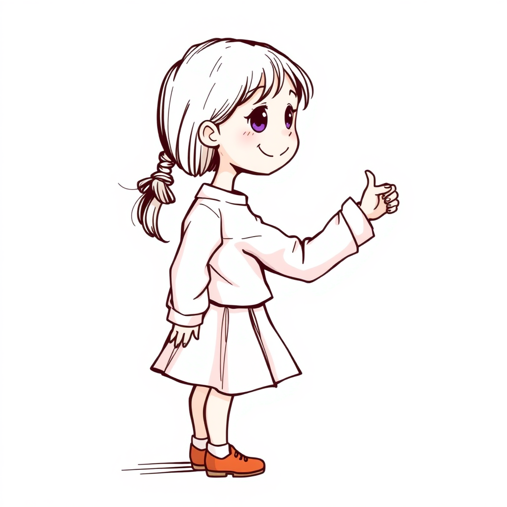 a cute, happy LITTLE GIRL drawn from the profile. Looking to the side up reaching forward. The hand points to the right.cute ink sketch style illustration in Cheerful colors. full body. hands up right. A nine-year-old GIRL. The girl wears a skirt and a long-sleeved shirt.