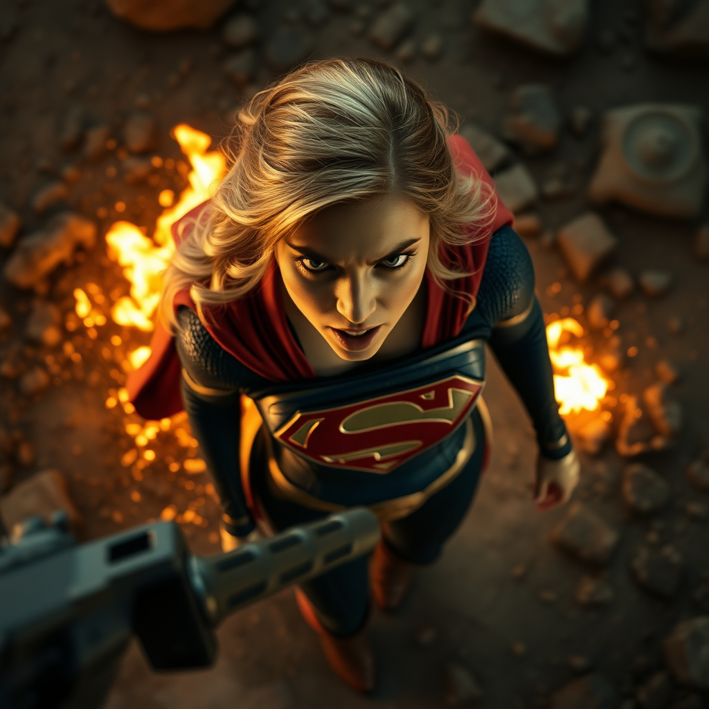 a snapshot from above supergirl zack snyder's, she's angry against the enemy in front of her, realistic, trailer movie, cinematic, so real