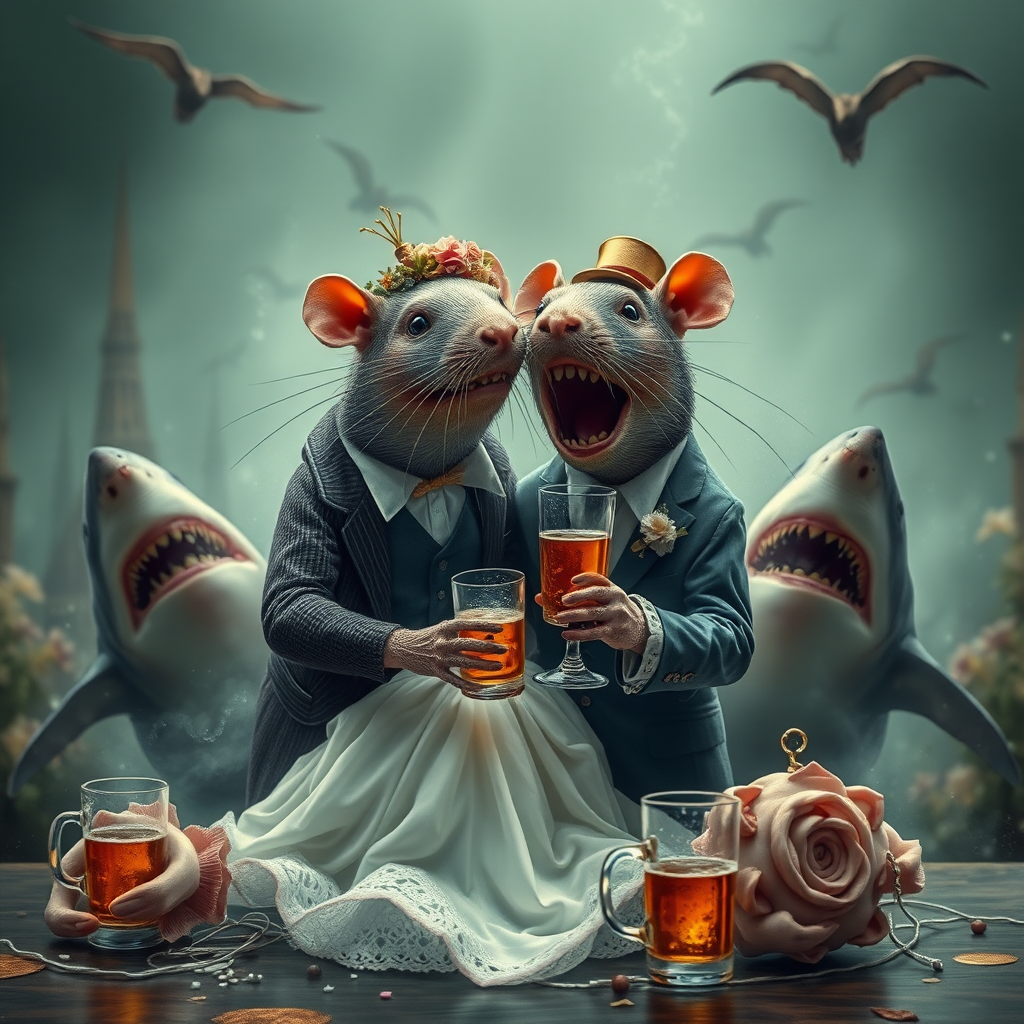 A rat wedding being attacked by hammerhead sharks, no text, Lovecraftian, in Amsterdam, steam punk, tacky, whiskey ad