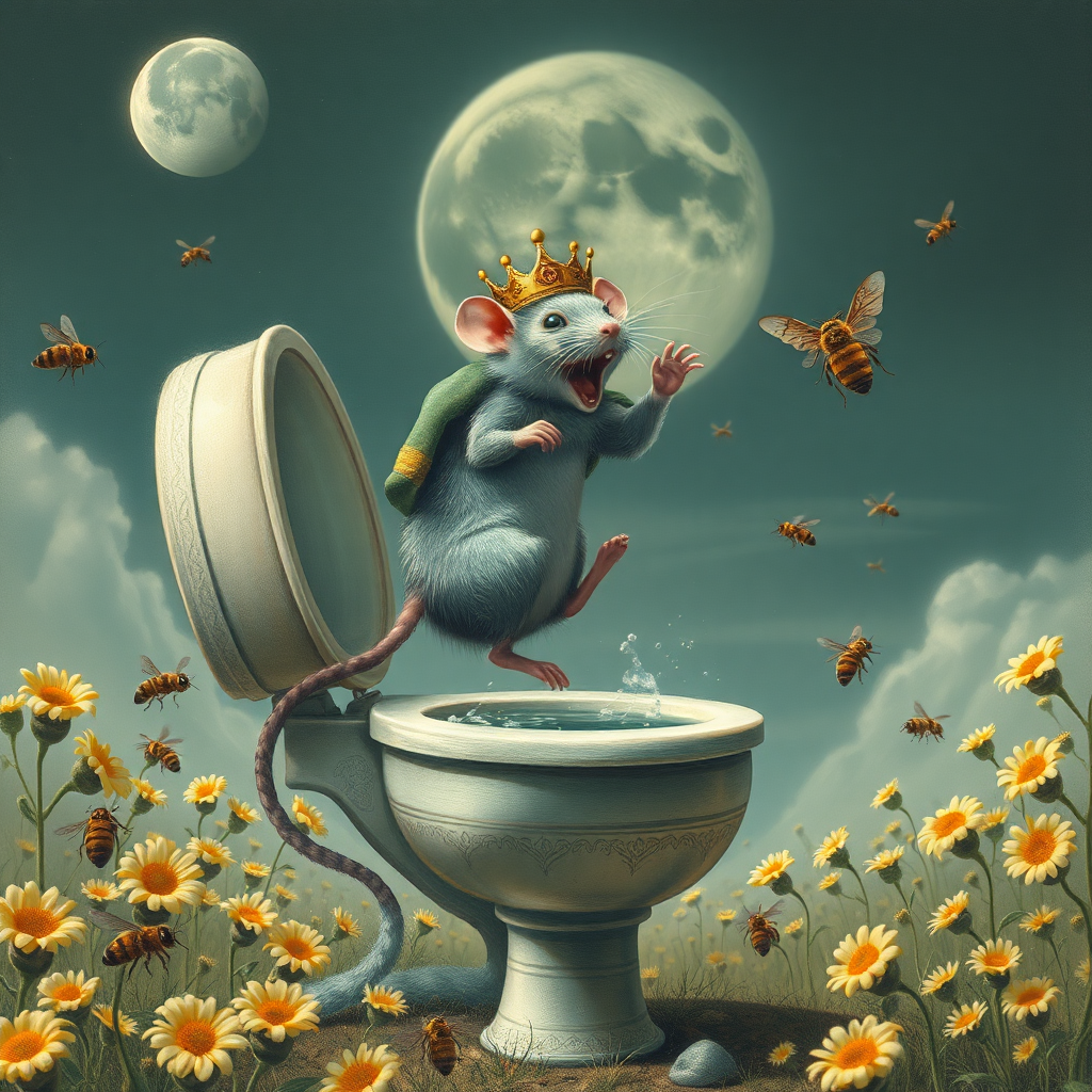 A rat king diving off the moon into a toilet, bees, Mongolian