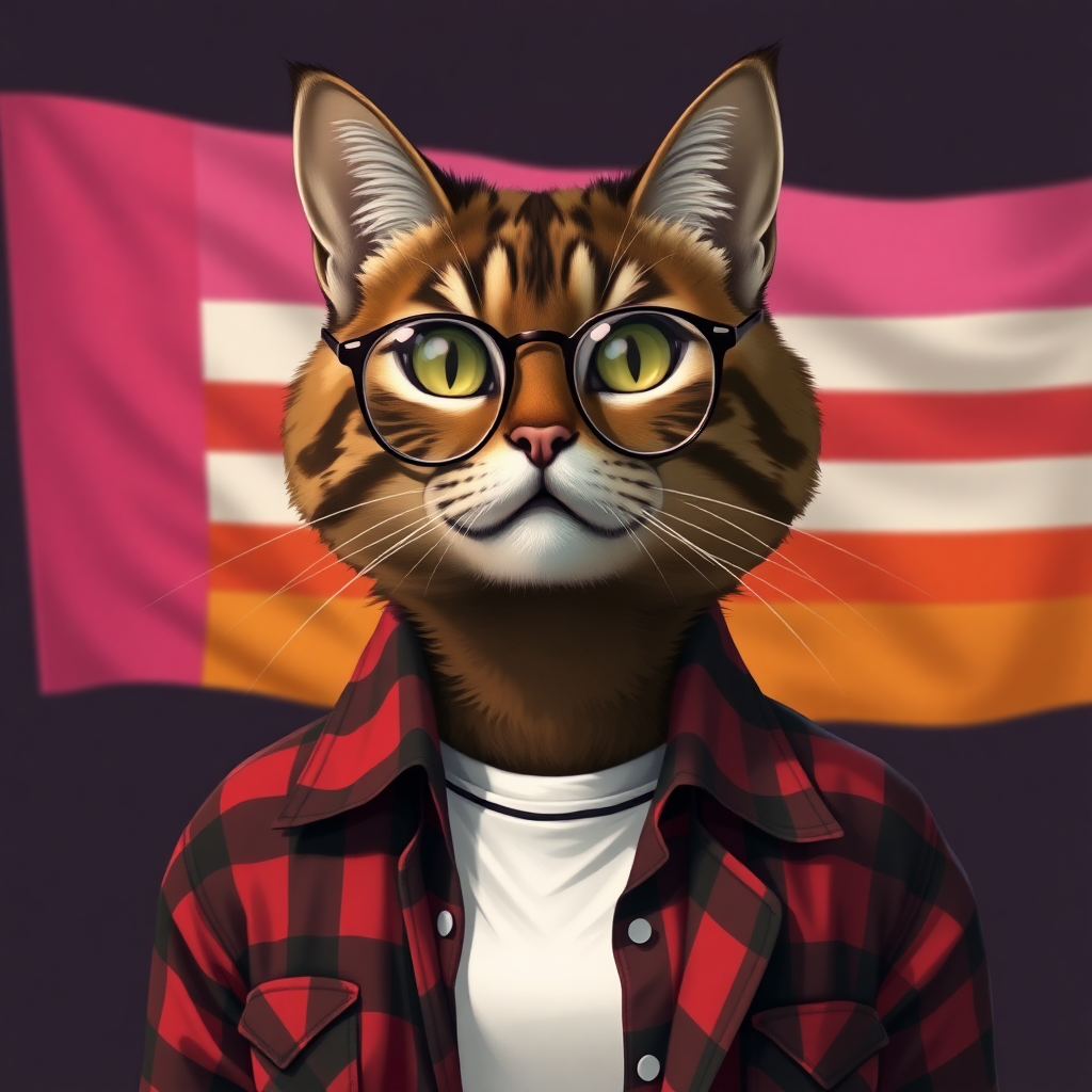 female cat-man colored brown with, behind, a flag with horizontal colors pink/light pink/white/light orange/orange, colors in that order, wearing semi-round glasses, an open red and black checkered shirt with a white t-shirt, in digital art