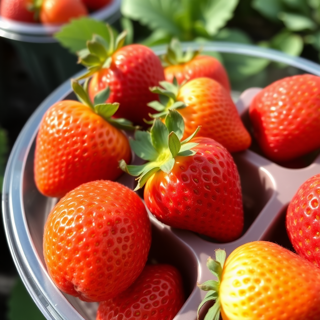 orange and auburn colored strawberries in a plastic container