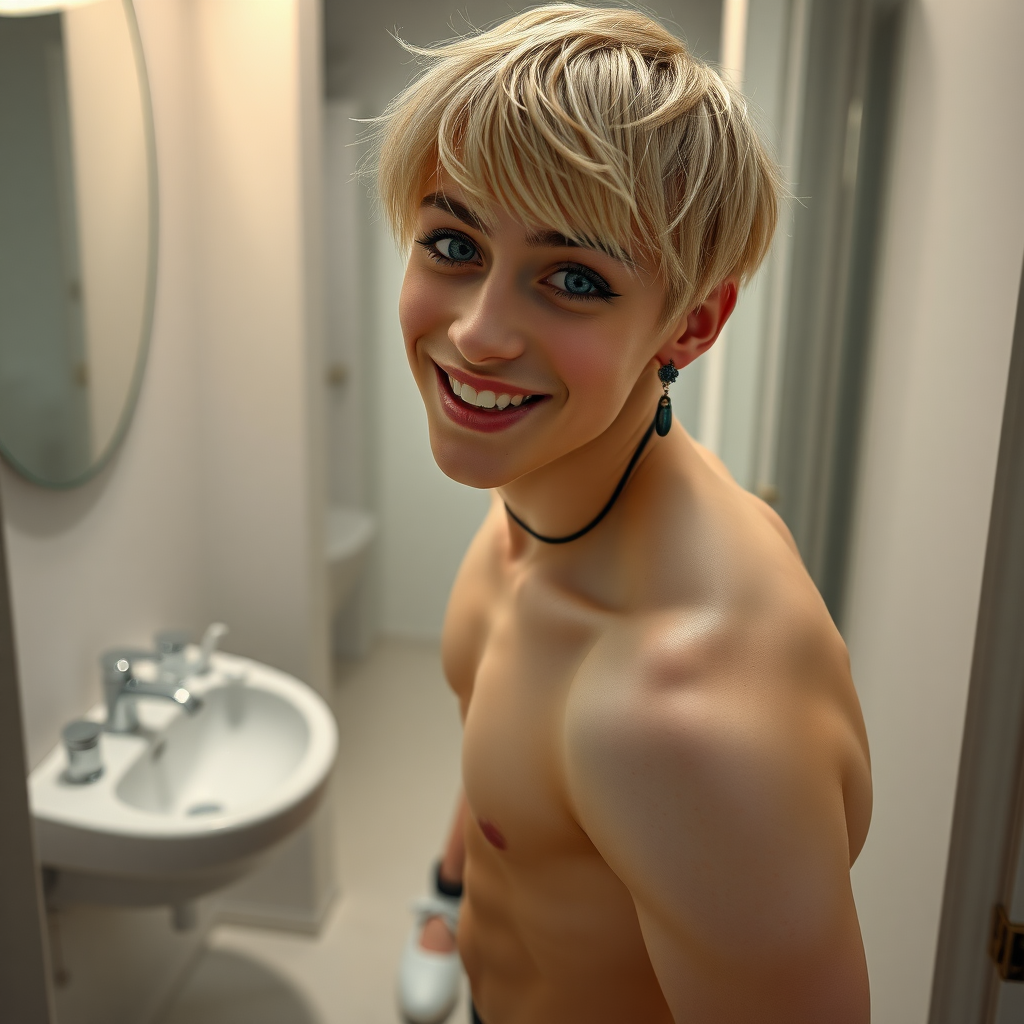 photorealistic, ultra high resolution, 16K, surreal fantasy, studio lighting, a pretty 14 year old goth boy, slim male physique, short blonde hair, goth makeup, earrings, pantyhose, white ballet shoes, in the bathroom, excited smile, facing the camera.