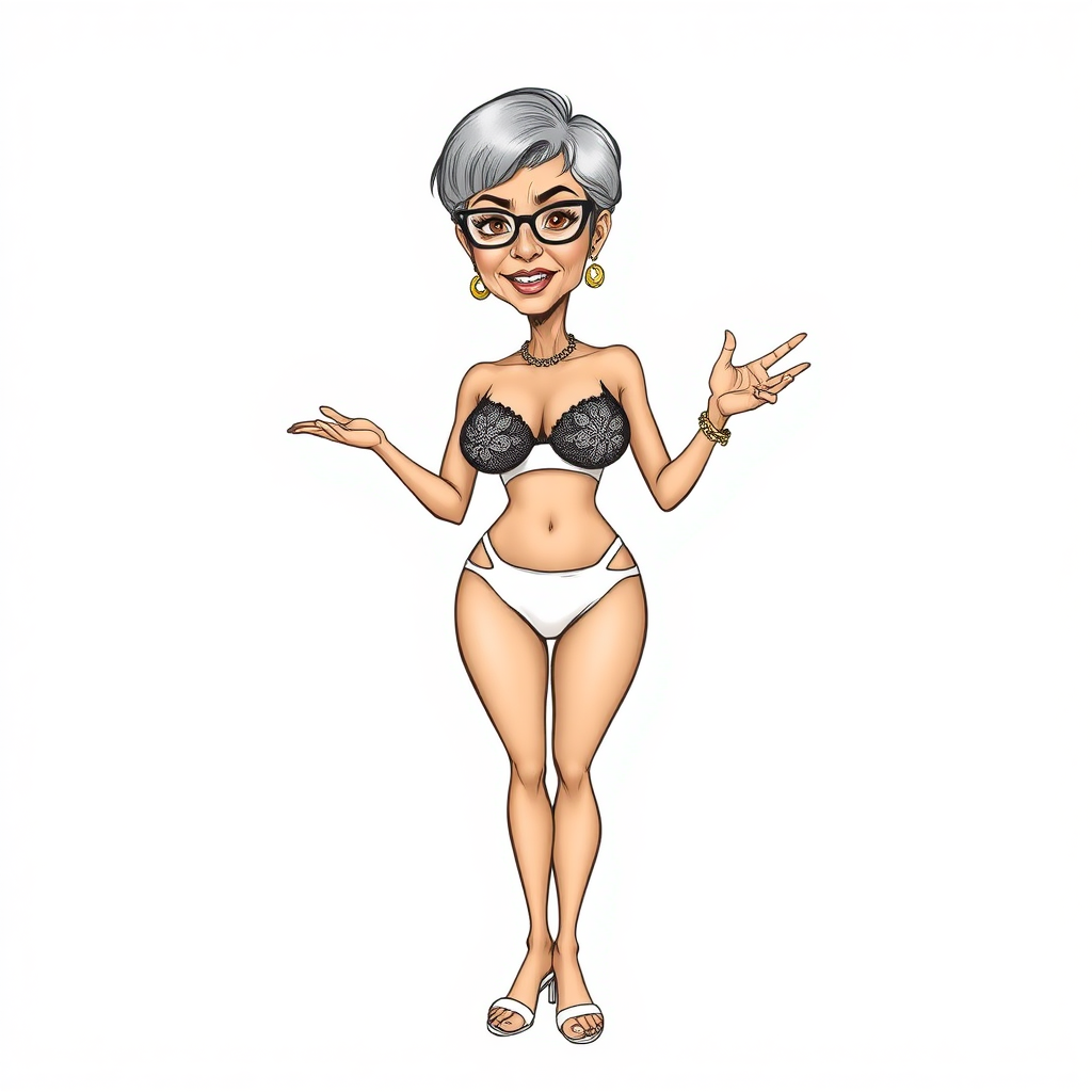 a towering 55 Years old, fit, slim, European, Latina, sharp aquiline nose, wrinkles, high cheekbones, Middle Eastern, Skinny, Tanned skin, Dark light skin, Rounded Medium breasts, Skinny thighs, full Makeup, jewelry, Serious face, Sharp nose, Ash hair, short bowl haircut, Brown eye color, Glasses, with detailed features. she is wearing embroidered black mesh balconette bras and a tight white high cut 1980s cut out swimsuit, detailed fabric. full body, high heels sandals, she is gesturing at the viewer, sweating, 
long establishing shot, 2D, caricature, cartoon, Sketch lines, coloring book, black and white, coloring book style on white background, well composed, clean coloring book page, No dither, no gradient, strong outline, No fill, No solids, vector illustration, realistic proportions