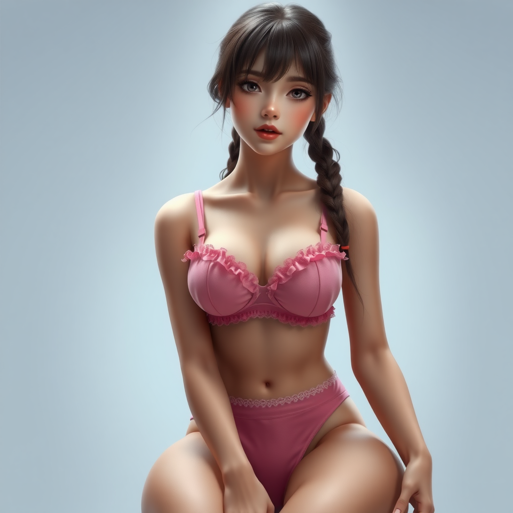 1girl, solo, perfect face, look at viewer, sitting, photorealistic realistic, babydoll, bare arms, bare shoulders, collarbone, cleavage, large breasts, bra, strap slip, frills, underwear, pink bra, navel, pink panties, frilled panties, lace trim, see-through, masterpiece, best quality, highly detailed,