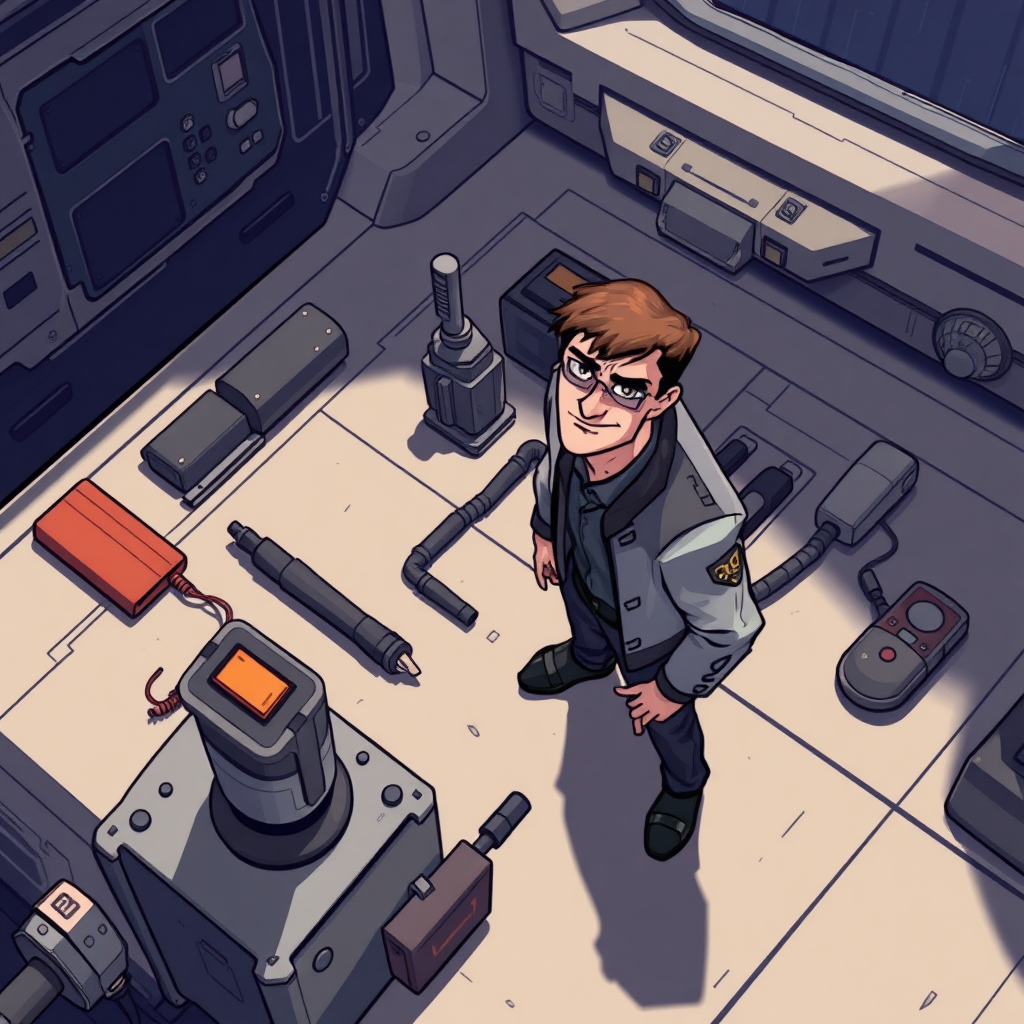 Stylized sci-fi digital drawing. High view angle. Small man standing on table near a set of futuristic tools that's look huge compared to him. Looking up at the viewer with arrogance.