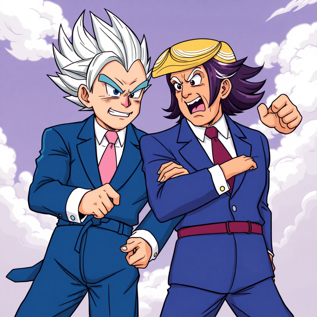 Dragon ball style Kamala Harris and Donald Trump mimic fusion position