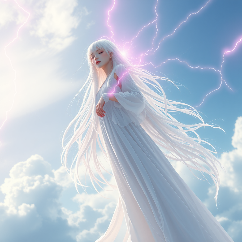 1 girl, solo, long hair, closed mouth, closed eyes, white hair, sky, clouds, white floating, floating hair, cloudy sky, long dress, electricity, pink lightning, 3D movie quality, real photo, rich in detail, ultra high resolution, 32K UHD, sharp focus, best quality, masterpiece, superb detail, delicate balance, with exquisite textures, concept art, mid-air, eyeshadow, makeup,