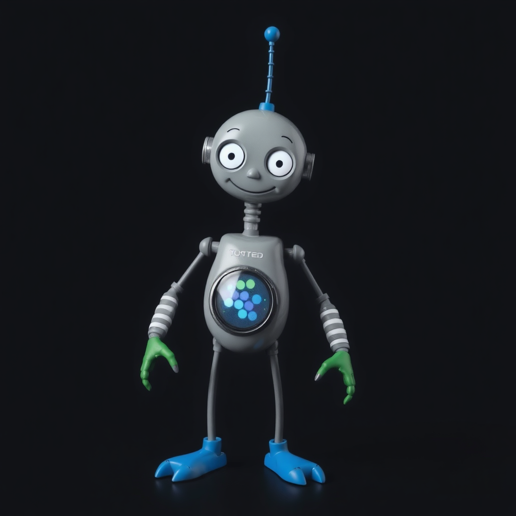 A grey thin robot with an antenna on top of its head that is blue. It has long thin legs with blue feet. It has green hands that can grip. There are white stripes on its arms. It has white round eyes and it smiles. It has a round display on its stomach with some colors over the display.