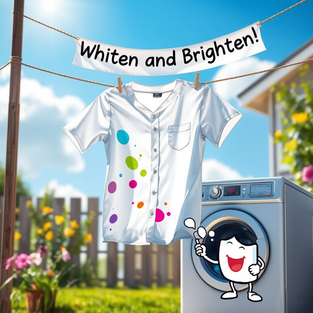 An imaginative scene showing a bright white shirt hanging on a line in the sun, with colorful stains magically fading away, and a cheerful character pouring bleach into a washing machine, with a banner overhead that reads, "Whiten and Brighten!"