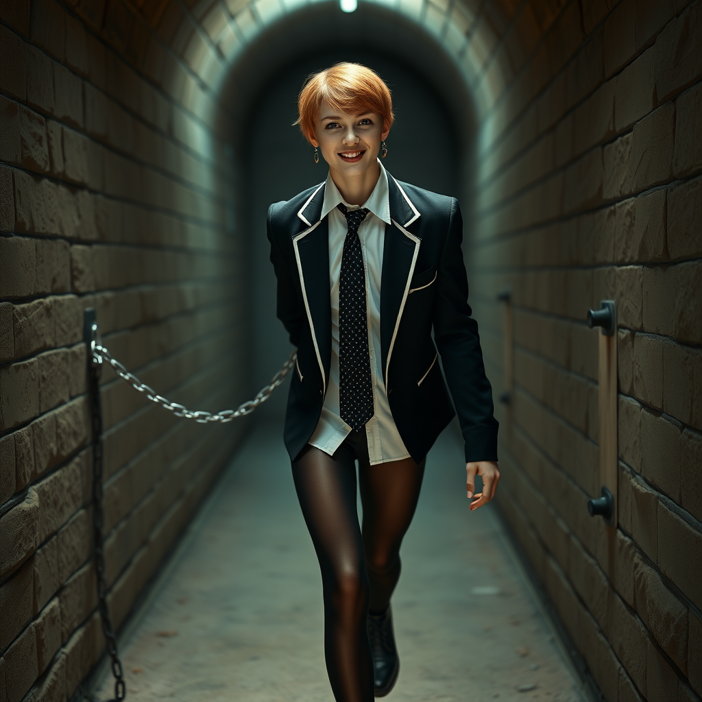 photorealistic, ultra high resolution, 16K, surreal fantasy, soft studio lighting, Tyler Swift is a pretty 18 year old goth male, slim male physique, auburn hair, goth makeup, earrings, shiny black pantyhose, school uniform shirt tie and blazer, Mary-Jane shoes, spikey neck collar chain and leash, in a dungeon, the end of the leash is chained to the wall, in daylight, excited smile, facing the camera.