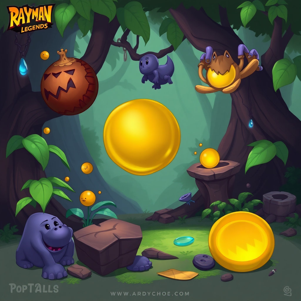 jungle assets concept art, rayman legends style, no background, high resolution, only assets