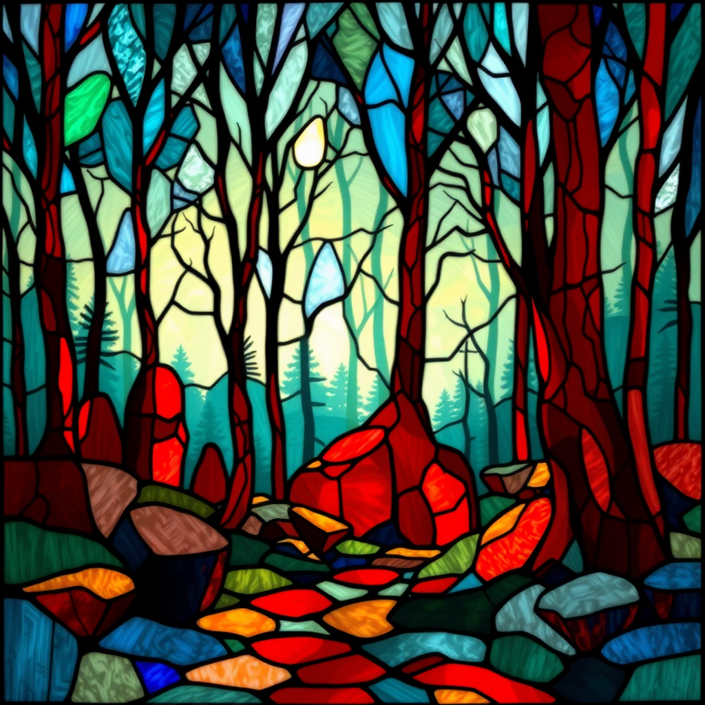 a stained glass fantasy red stone forest