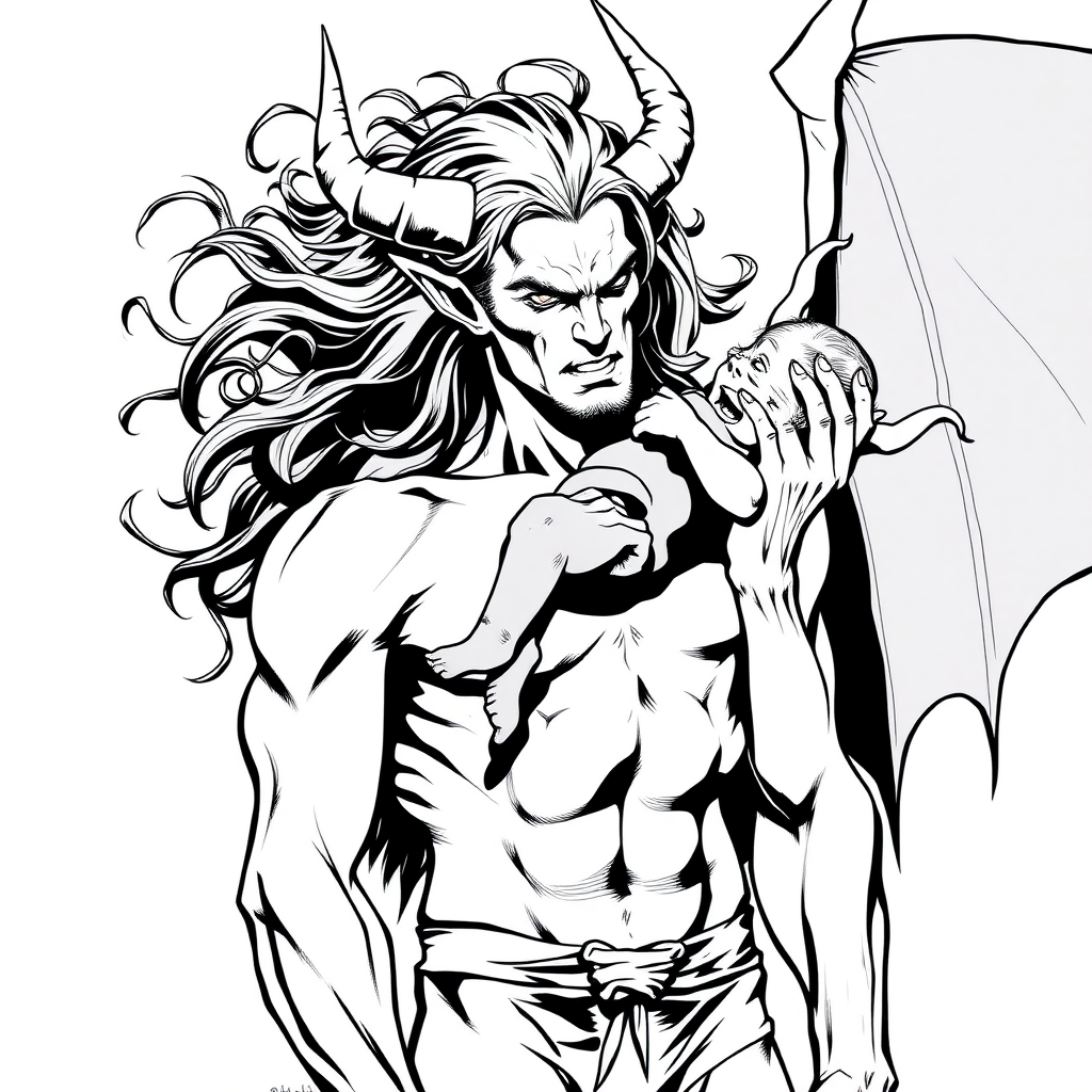 shirtless long hair demon man carrying baby, dc comics style, colorless, no shading