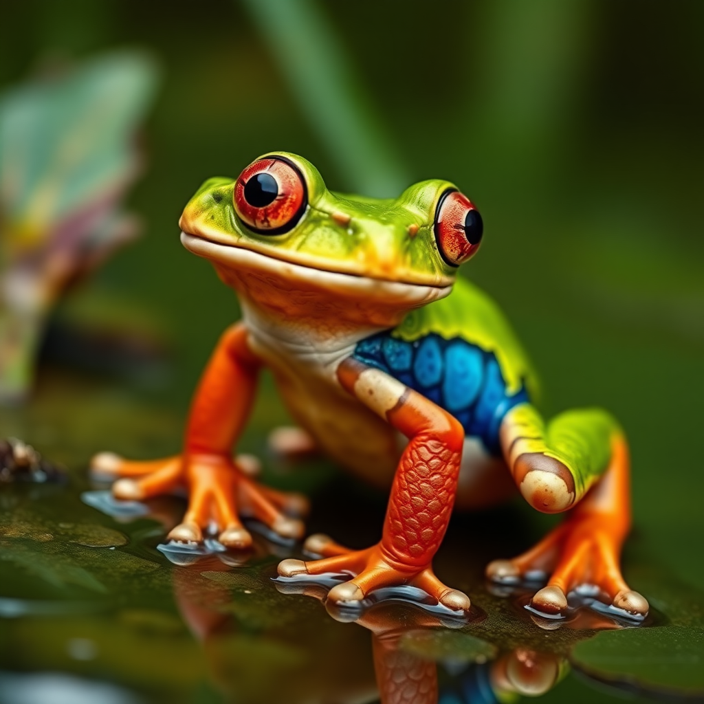 Create a captivating, full-length image of a frog with a unique horsefly-shaped body. The frog should exhibit vibrant colors and intricate textures, showcasing the nuances of its skin and features. The setting should reflect a natural habitat, with lush greenery and subtle water reflections. Capture the essence of wildlife photography by focusing on sharp details, dynamic angles, and the interplay of light and shadow. Emphasize the frog’s bulging eyes and the intricate patterns on its body. The final image should evoke a sense of wonder and admiration for this fantastical creature in its serene environment.