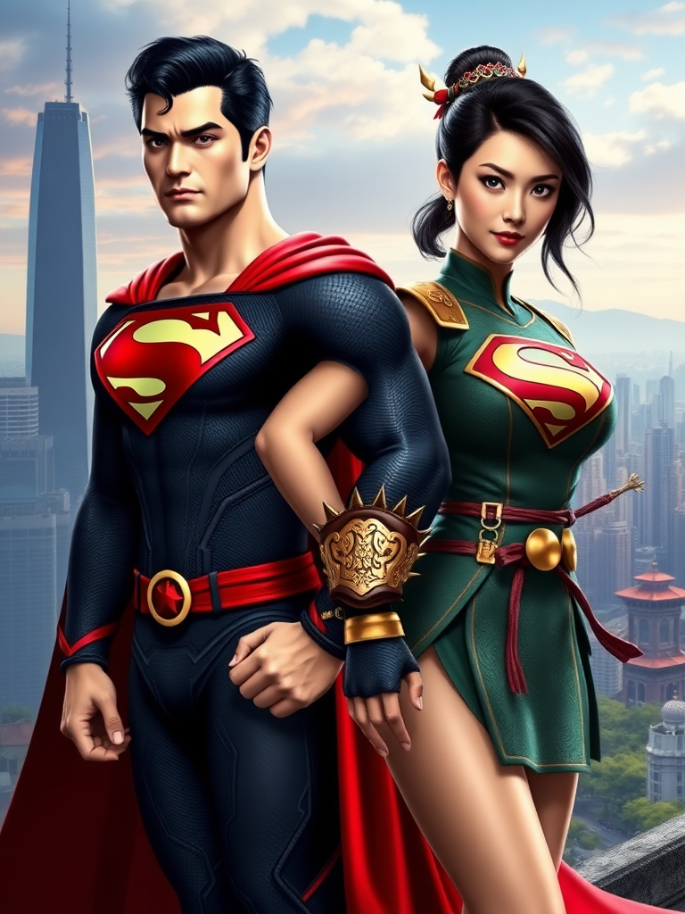 Generate a full-length image of Superman using Chun-Li's female figure for the body. Keep Superman's head, hairstyle, and facial features intact. Retain Superman's iconic costume, adding intricate embellishments from Chun-Li's traditional outfit such as her spiked bracelets, dragon patterns, and belt while altering the costume design to fit the new feminine proportions seamlessly. Create a vibrant background that merges the sleek, urban skyline of Metropolis with the traditional, scenic elements of a Chinese cityscape. Ensure the fusion of both character's themes is harmonious and visually compelling.