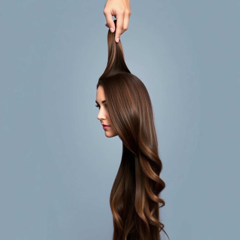 A surreal image of the beautiful disembodied head of a very long-haired Kate Middleton. A hand is grasping the ends of her hair at the top of the frame while her head is hanging down from the other end. Plain gray background.