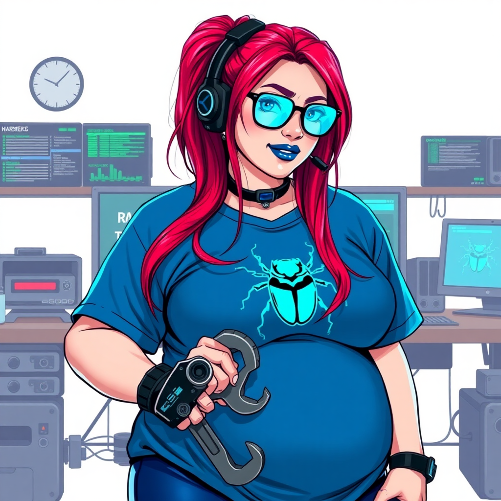 A cyberpunk vigilante’s full-figured intelligent and tech-savvy 29-year-old girlfriend, who is a computer hacker and tech genius. She has a long ruby red ponytail streaked with sky blue. She wears maximum blue lipstick, blue eyes, a sapphire beetle gemstone necklace, sapphire earrings, black eyeglasses, a futuristic holographic wristwatch computer, and an oversized maximum blue t-shirt featuring a neon blue beetle chest emblem. She has a full-figured, well-rounded physique with a prominent, round midsection, reflecting her well-cared-for lifestyle. Her round midsection is broadened and bloated to emphasize her figure. She sports a sapphire headset with a high-tech maximum turquoise lensed HUD, and a shy smile with a neon red blush. She is holding a futuristic hi-tech wrench while standing in her workshop in front of her computer desk and work bench. The background is solid white. She is drawn as if she was in a retro 2D cyberpunk fighting game.