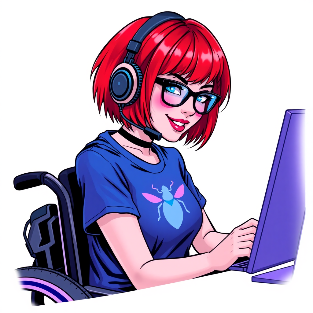 A nerdy, 28-year-old computer hacker in a wheelchair, with a unique, fiery crimson bob cut, maximum blue lipstick, and piercing blue eyes. She wears a maximum blue t-shirt adorned with a maximum turquoise chest icon of a beetle. Her accessories include a sapphire headset, sleek black eyeglasses, a lovestruck smile, and neon red blush. She serves as her vigilante boyfriend’s tech expert from his secret hideout, diligently working at her computer. The background is a solid white. She is drawn as if she was in a retro 2D cyberpunk fighting game. Ensure her hair color is distinct from DC’s superheroine Oracle and any other character.