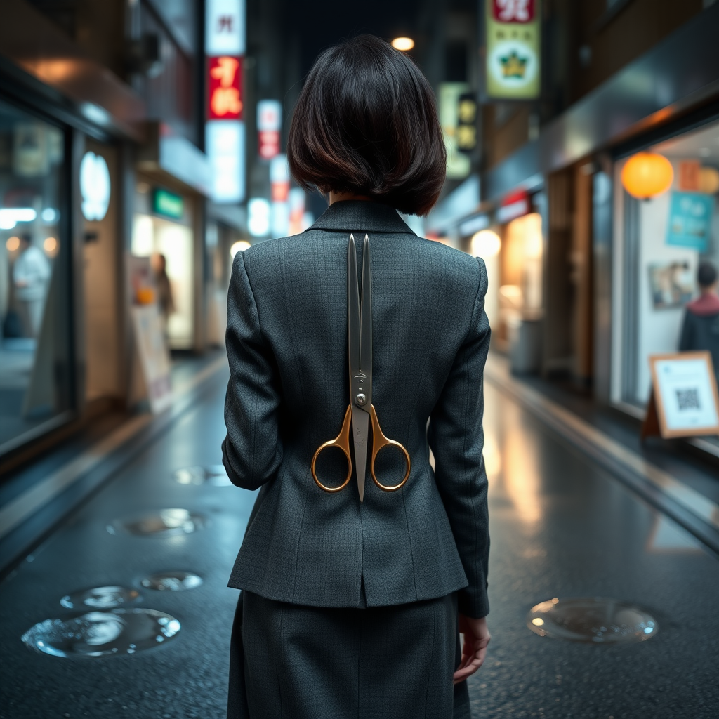 the back of a young Japanese businesswoman. She holds a pair of long scissors at her side. The scissors are pointed towards the ground. She wears a grey blazer and a grey skirt and faces the camera. The lights from the shops in the alleyway glint off of the scissors. The lights from the shops in the alleyway are reflected in the rain puddles scattered on the asphalt of the ground. It is late at night.