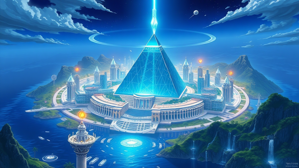 This anime art of Greater Atlantis is a stunning vision of futuristic elegance and mythical grandeur:

The cityscape is vast and intricate, with towering Greek-styled structures that showcase advanced technology. These buildings are crafted from blue marble, each uniquely shaped with flowing, ornate designs that blend classical aesthetics with futuristic elements.

At the heart of the city stands a colossal pure-quartz pyramid, its crystalline surface shimmering with an inner light. Atop the pyramid is a radiant crystal, casting a brilliant blue beacon that pierces the sky and serves as a focal point for the city's energy and power.

Surrounding the city is a magnificent ringed structure, which encircles the entire metropolis, providing both protection and a majestic boundary. The waters around the city are dotted with advanced technological artifacts, including white, floating, and hovering objects that glimmer as they drift over the surface.

The landscape features lush tropical lands, their vibrant greenery contrasting with the sleek, high-tech city. Nearby mountains are adorned with cascading waterfalls that flow gracefully into the expansive waters, enhancing the city’s serene yet powerful aura.

The sky above is a deep, rich blue, illuminated by the piercing blue beacon and various other lights that reflect off the crystalline surfaces. The overall scene combines elements of ancient grandeur and cutting-edge technology, creating a breathtaking depiction of Greater Atlantis that is both enchanting and awe-inspiring.