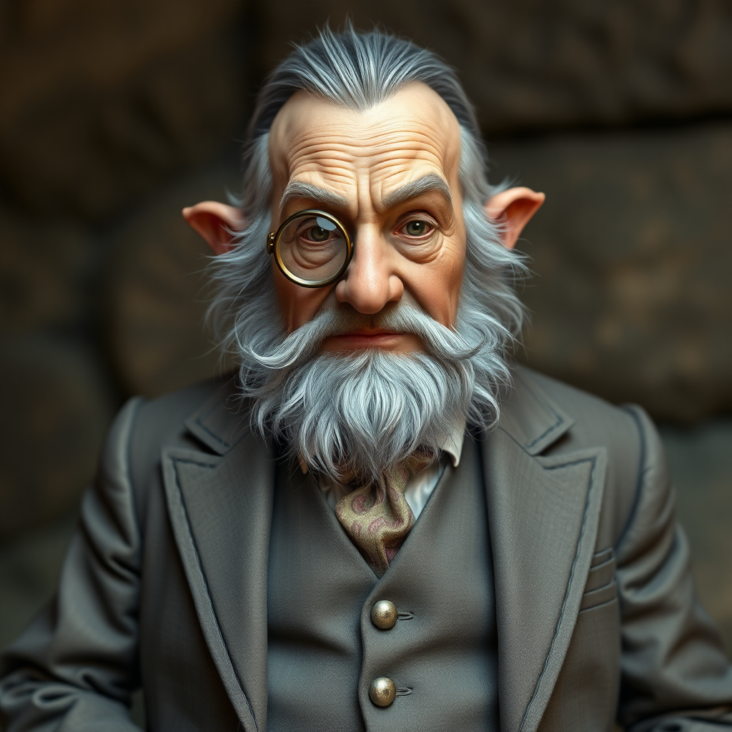 An old dwarf dressed in an elegant taupe gray suit wearing a monocle, high fantasy. Photorealistic, ultra high resolution, 16K.