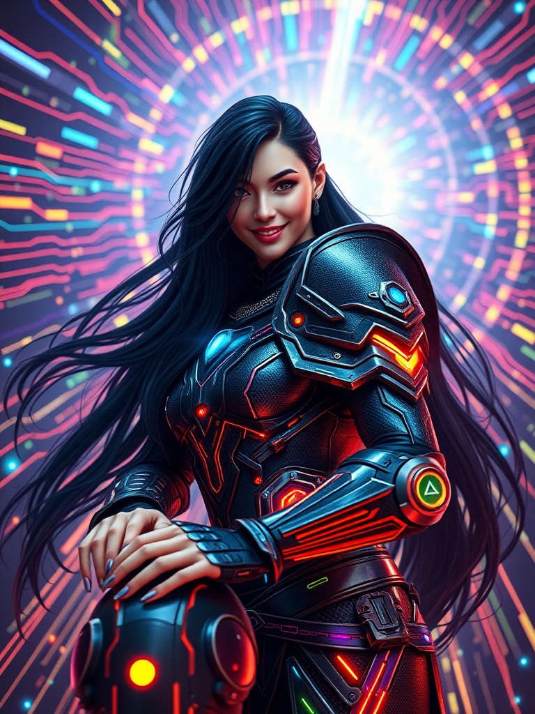 A fierce female warrior with long, flowing black hair, her armor made from carbon fiber etched with glowing rainbow colored circuits, lining strip of RGB LED lighting and electronic chip, stands in the heart of a digital nexus. Leaning on an object, head slightly tilted, looking at the viewer smiling, fake nails, nail polish, fingerless gauntlet, surrounding her is a vortex of luminous circuitry, casting intricate patterns of light on her armor. The scene is rendered with photorealistic detail, the lighting capturing the interplay between the metallic textures and the pulsating rainbow colored energy of the digital backdrop. 3D render in Unreal Engine.