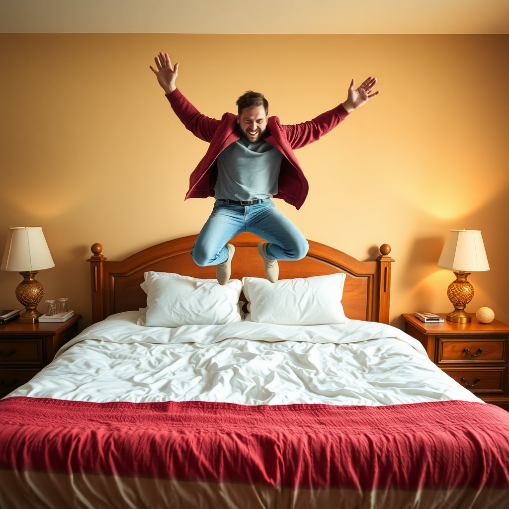 Guy jumping to his bed. His bed welcomes him.