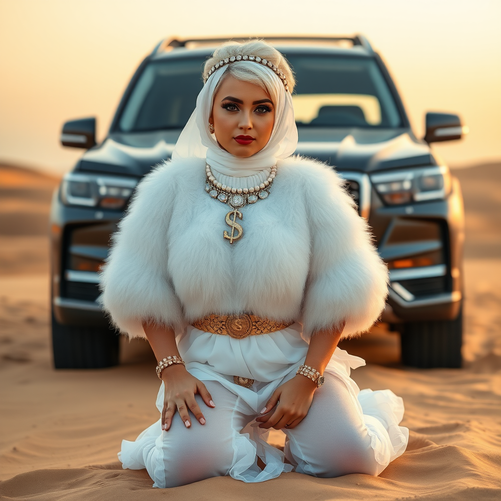 Kuwait desert dunes misty dawn, full size luxury SUV: Melissa, European 17 years old very convincing femboy “trophy-bimbo”, tamed servile docile, very beautiful feminine flawless face, rather short, by hormones very curvaceous womanly figured, platinum blond short tight curls, bold red lips, heavily made-up face, wearing Supertanya-style fluffy very fuzzy bright white angora turtleneck-poncho cropped ending under bust decorated with pearls and gemstones, striking oriental wide gold bridal protection belt, white fully transparent harem pants, full Oriental bridal jewelry including headpiece, face partly covered by white transparent harem-style face veil, coin anklets, striking diamond “$$$” letter brooch on left chest, pout frustrated, hands tied behind back, kneeling in sand in front of SUV, looking at camera. Focus on face and turtleneck-poncho.