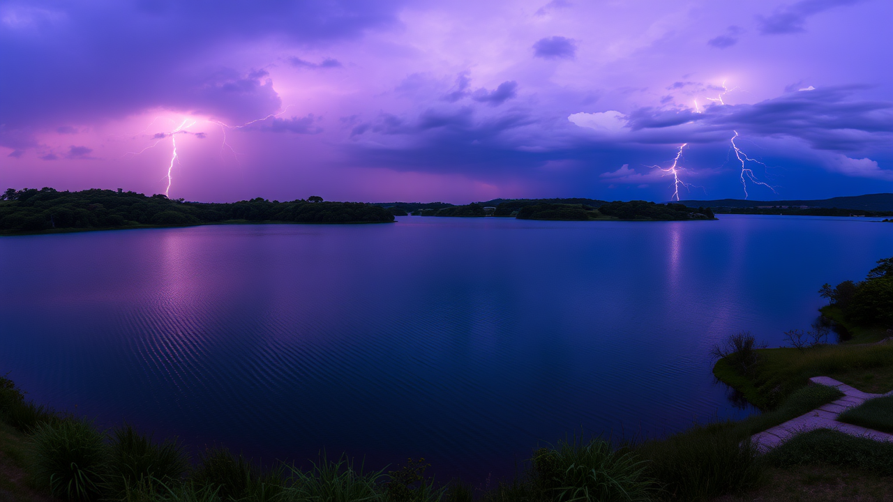 photo, lakes, nature, purple sky, lightning