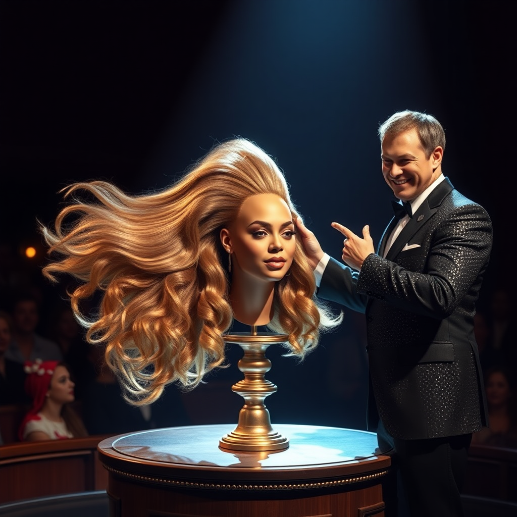 In a dimly lit theater, the atmosphere crackles with anticipation, the audience's murmurs a blend of curiosity and skepticism. On a grand, elegantly adorned display stand sits the disembodied head of the enchanting Beyoncé, her radiant skin glistening under the soft, warm glow of the spotlight. Her striking features are perfectly framed by cascading locks of lustrous, very long hair that shimmer with hues of light brown and hints of rich mahogany, reminiscent of polished silk.

Standing beside her is the magician, a charismatic figure in a sharp, tailored suit that glints with sequins in the light. With theatrical flair, he holds her voluminous hair aloft, fingers splayed wide, deftly spreading it out like a shimmering waterfall, mesmerising the audience. The hair flows like liquid night, each strand capturing the light as it falls gracefully to the ground, creating a stunning, almost surreal contrast against the stark wooden stage.

The magician’s face is lit with a confident smile, his eyes sparkling with the thrill of the performance, as he engages the audience with playful banter. Their gasps and laughter echo throughout the room, a symphony of wonder and disbelief. The scent of polished wood and fresh popcorn wafts through the air, mingling with the underlying electricity of the moment. Time seems to stand still as the audience leans in, captivated by the spectacle, a seamless blend of illusion and artistry that promises to defy reason and ignite imagination.