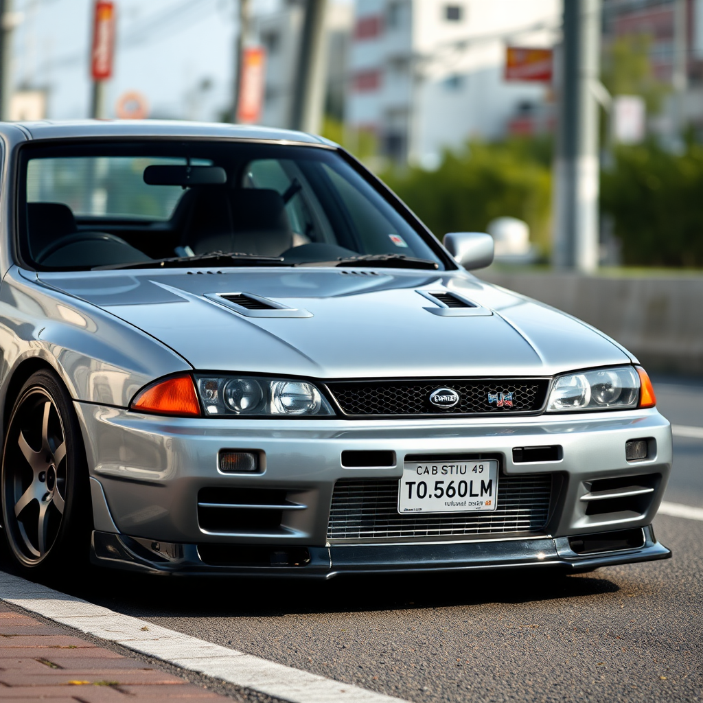 The car is parked on the side of the road, inspired by Taiyō Matsumoto, tumblr, restomod, nd4, c4 metallic shine gray black nissan skyline r34 kalabalik tokyo gece arkaplan