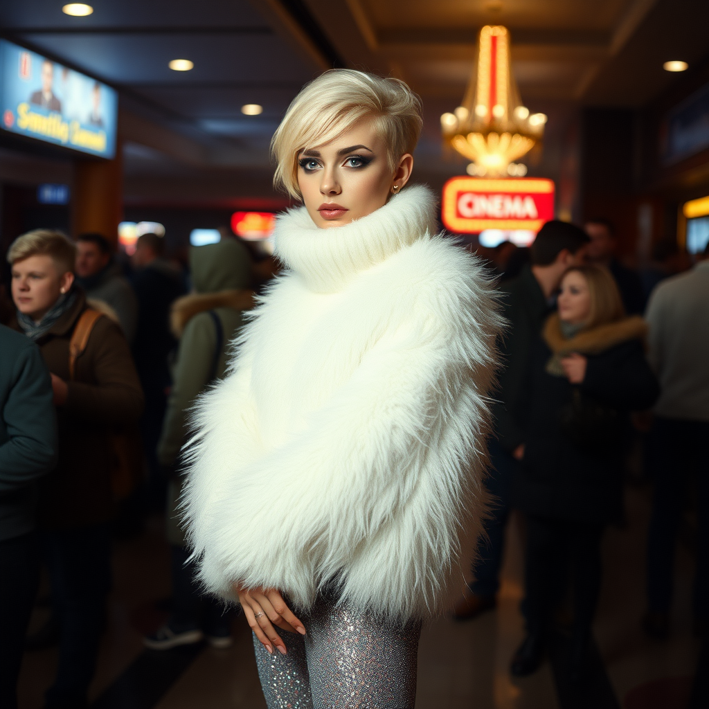 1990 winter evening, crowded cinema lobby: Sam, 19 years old beautiful involuntary femboy, rebellious intractable character, petite boyish figure, platinum blond boyish rebel punk hairstyle, flawless heavily made-up face with sharp arched tattooed eyebrows, wearing Supertanya-style fluffy very fuzzy bright white angora thigh-length turtleneck-poncho fully covering body and arms, silver-glitter leggings, black leather high-heeled pumps, silver earrings, puzzled alarmed, pout serious, impatiently waiting for her master. Full view, focus on Sam’s face and turtleneck-poncho.