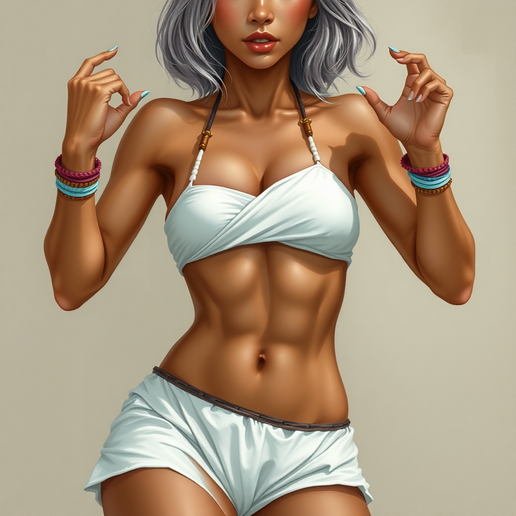 Girl, toned and muscular and has abs. short silvery flowing hair. Her fingers and toenails are painted sky-blue. Her attire consists of a white primitive scant revealing two-piece bikini-like outfit with pale red, sky-blue, gold and purple bands on her neck, arms, wrists, shins, and ankles. Tan skin. Asian face. Sexy exaggerated pose. Hands raised, exposing armpits. fantasy painting high contrast, well-drawn, highly detailed, and beautiful rendering.