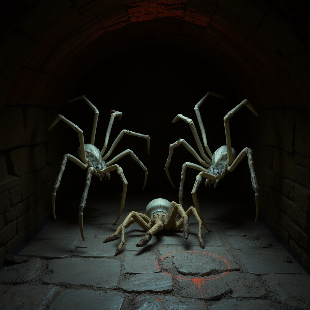 A dark basement medieval cellar with two large white spiders with red highlights crawling around and a cocooned human body in the center of the floor.