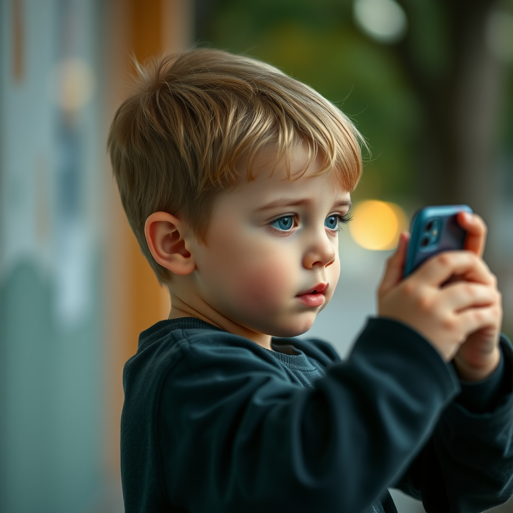 full real image of a kid using a phone turning right