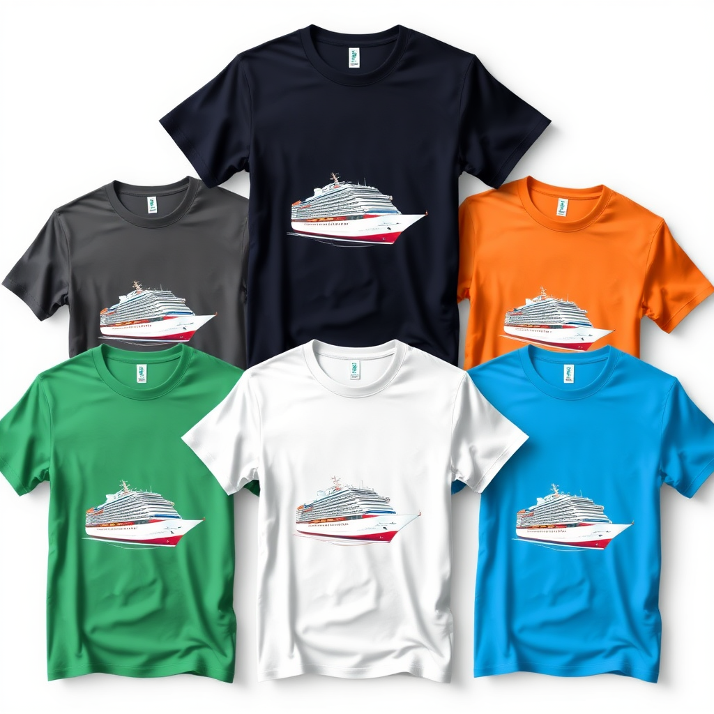 create a photo realistic image of several t-shirts in different colors. Each t-shirt has a print of a cruise ship on it . Make the image rectangle and not square