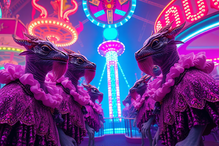 A regal gathering of humanoid bearded dragons dressed in extravagant high-A neon-lit alien carnival with absurd rides bending and defying physics. Humanoid alien creatures in retro-futuristic fashion: oversized ruffles, glittering capes, mismatched patterns glitching with every step. The camera descends, revealing twisting rides and creatures looping through actions. Surreal, vivid cinematic quality, ultra-smooth IMAX camera shot, photorealism.