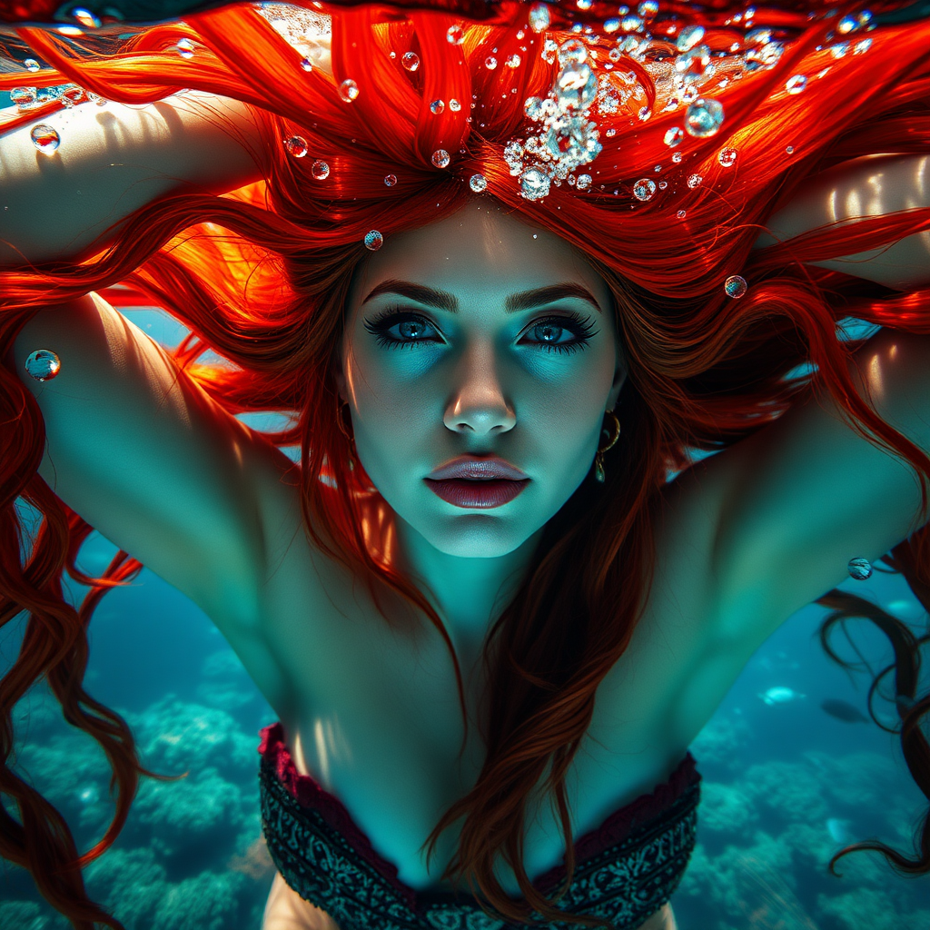 Red Sonja underwater amazing loose flowing hair floating in a nimbus around her beautiful face her arms outstretched languidly over her head. she's looking down into the viewer's eyes making intense eye contact. diaphanous gossamer. Burlesque. Stunning undersea life details plants and fish and other creatures of the sea. Amazing HD DSLR photographic output.