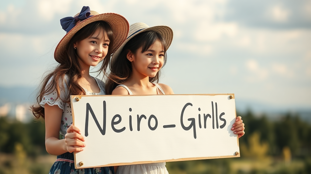 2 girls 25 at the edges to hold a sign with the inscription Neiro_Girls, beautiful girls, cute