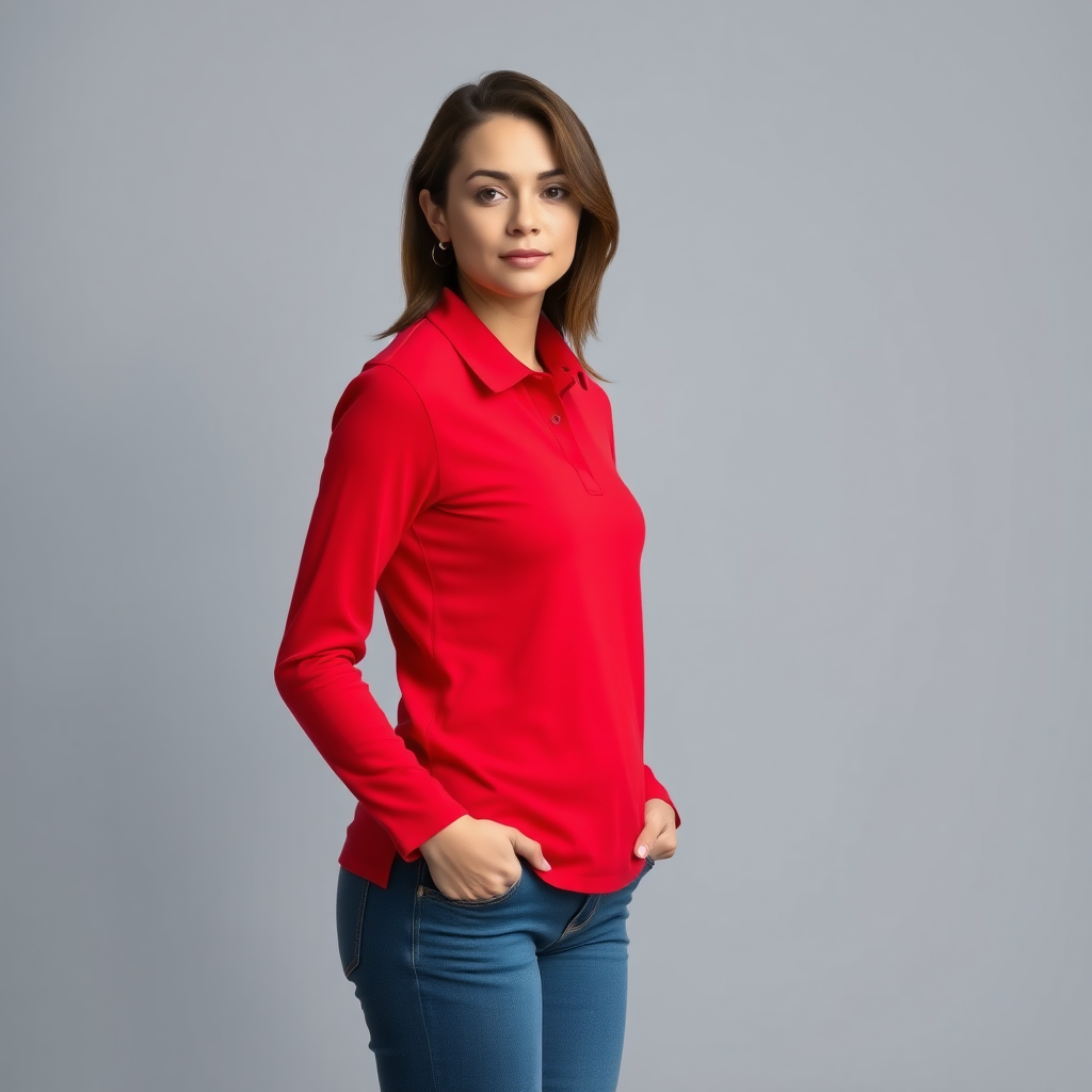 A woman wearing a red long-sleeved polo shirt. full body.